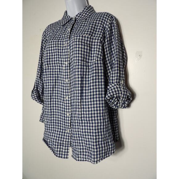 Talbots Linen 1XP Petite 1X Blouse Blue Gingham Plaid Button Up Picnic Collared - Picture 2 of 9